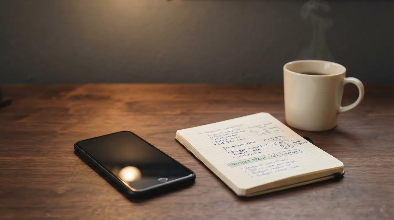 Ein Smartphone liegt mit dunklem Display auf einem Schreibtisch neben einem Notizbuch und einer Kaffeetasse.