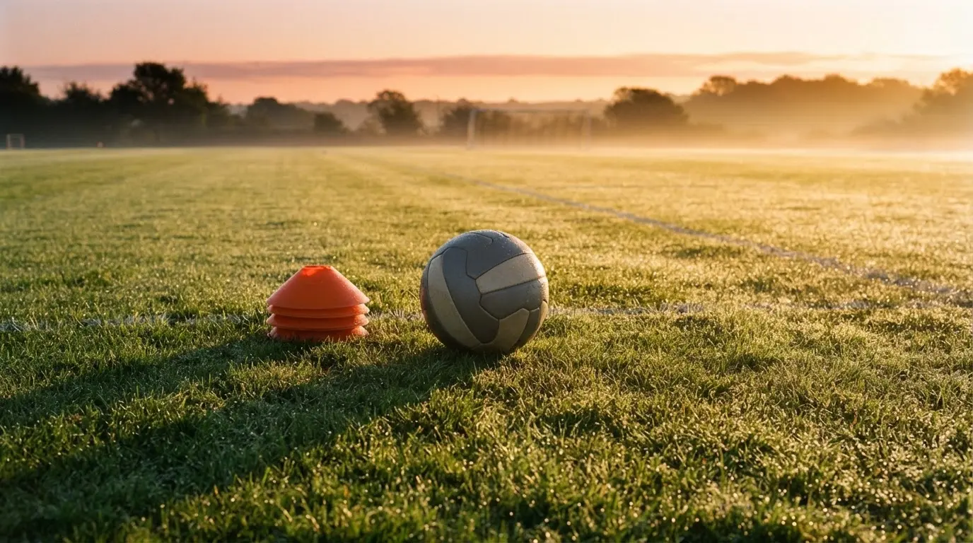 Ein Fußball liegt auf einem Rasenplatz bei Sonnenaufgang, daneben ein kleiner Stapel Trainingshütchen.