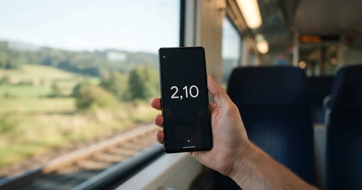 Eine Hand hält ein Smartphone mit dunklem Display in einem Zug, am Fenster ziehen verschwommen Felder vorbei.
