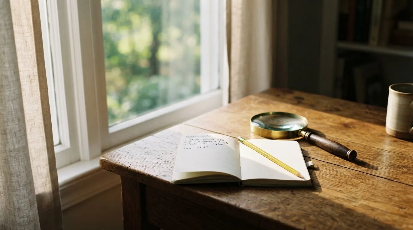 Ein schmaler Schreibtisch am Fenster mit einem Notizbuch, einer Lupe und einem Bleistift im Morgenlicht.