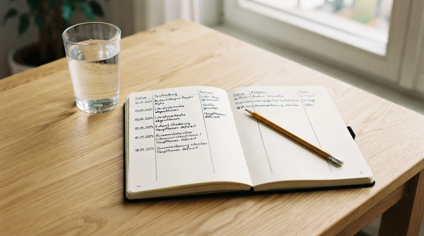 Ein Notizbuch mit handgezeichneten Spalten und ein Bleistift liegen auf einem hellen Holztisch neben einem Glas Wasser.