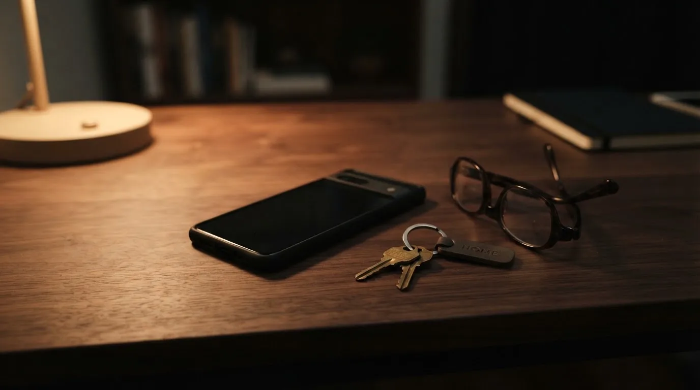 Ein Smartphone liegt mit dunklem Display auf einem Schreibtisch neben einem Schlüsselbund und einer Brille.