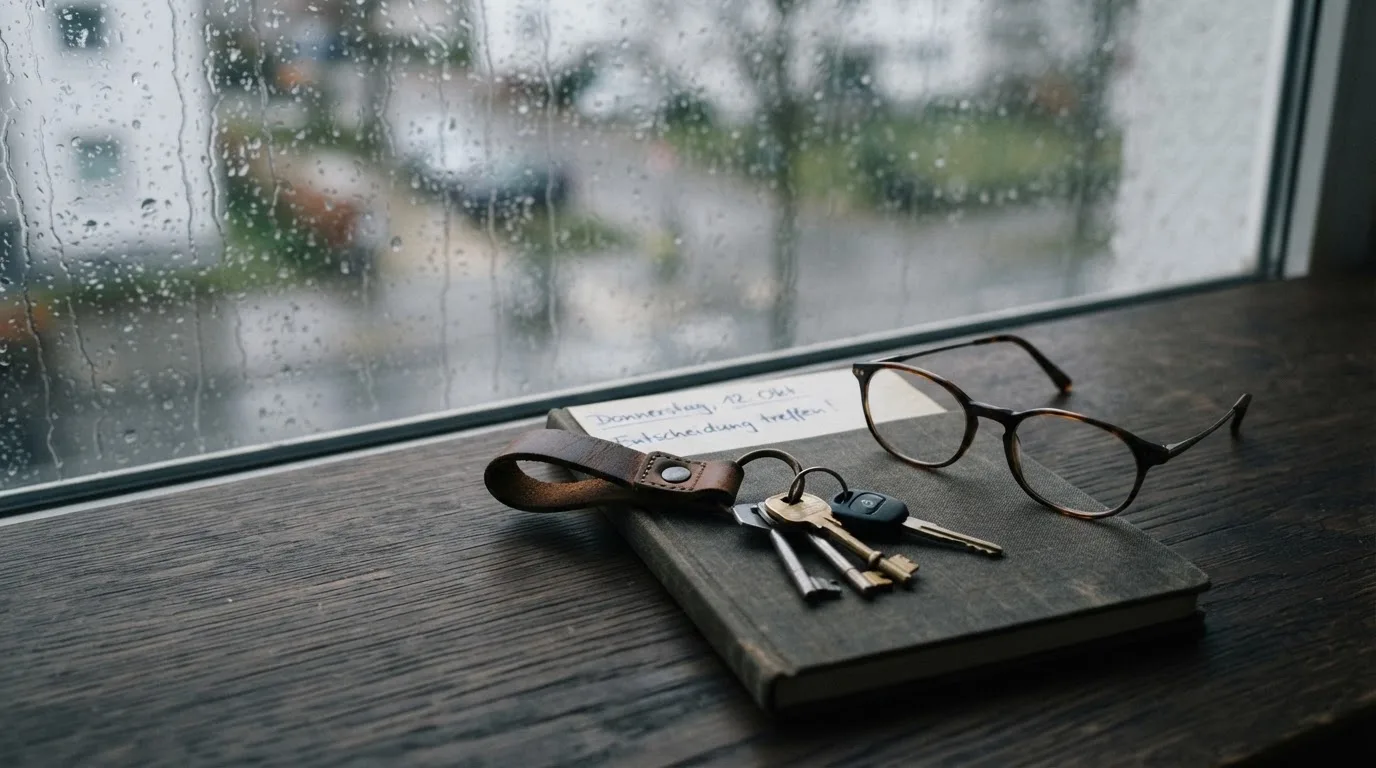 Ein Schlüsselbund und eine Brille liegen auf einem leeren Block neben einem Fenster mit Regentropfen.