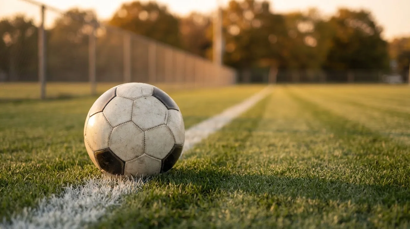 Ein Fußball liegt am Rand eines Rasens neben einer weißen Linie, im Hintergrund ein Zaun in der Abendsonne.