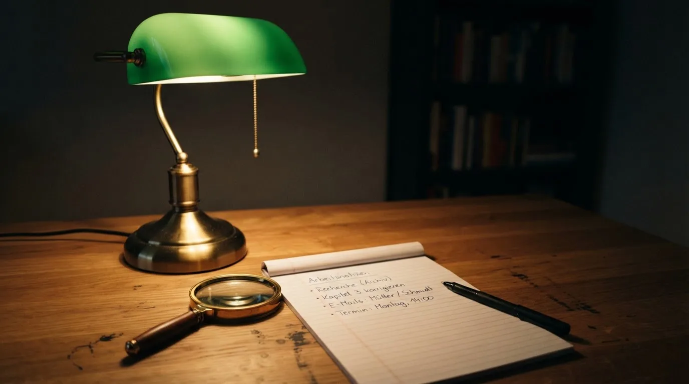 Ein Schreibtisch mit Lupe, Kugelschreiber und einem leeren Notizblock unter einer Lampe in einem ruhigen Raum.