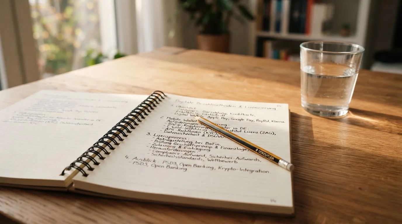 Ein Notizbuch und ein Bleistift liegen neben einem Glas Wasser auf einem hellen Tisch.