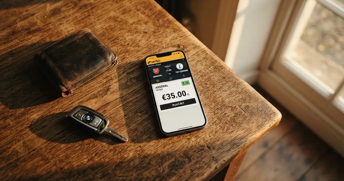 Ein Smartphone mit dunklem Display liegt neben einer Geldbörse und einem Schlüssel auf einem Tisch.