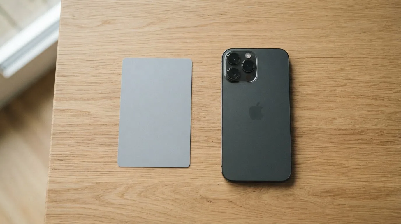 Eine Bankkarte ohne Aufdruck liegt neben einem Smartphone mit dunklem Display auf einem Holztisch.