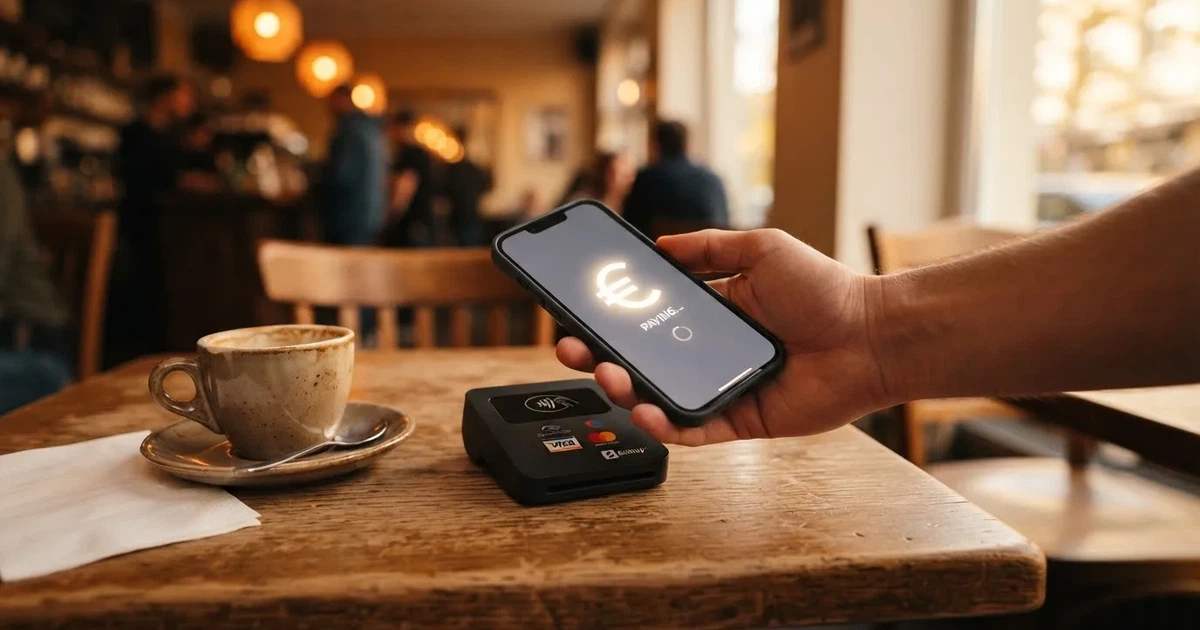 Eine Hand hält ein Smartphone dicht an ein Kartenlesegerät ohne erkennbare Beschriftung in einem Café.