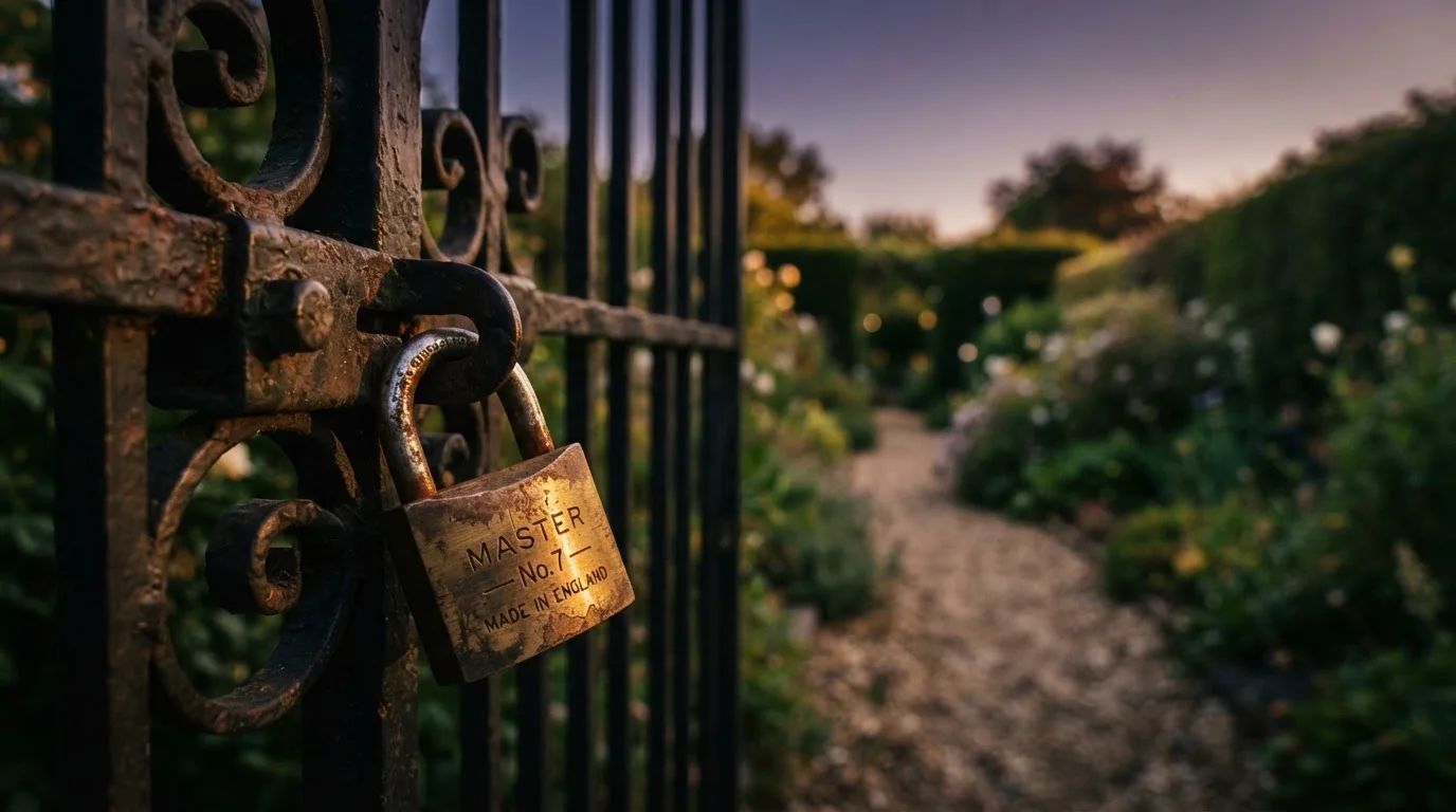Ein Vorhängeschloss hängt an einem Gartentor im Abendlicht, dahinter ein unscharfer Weg.