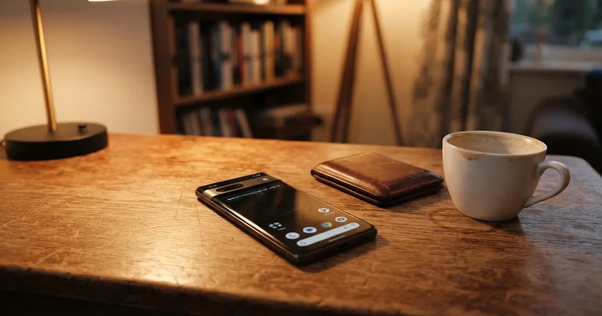 Ein Smartphone mit dunklem Display liegt auf einem Tisch neben einer Geldbörse und einer Tasse Kaffee.