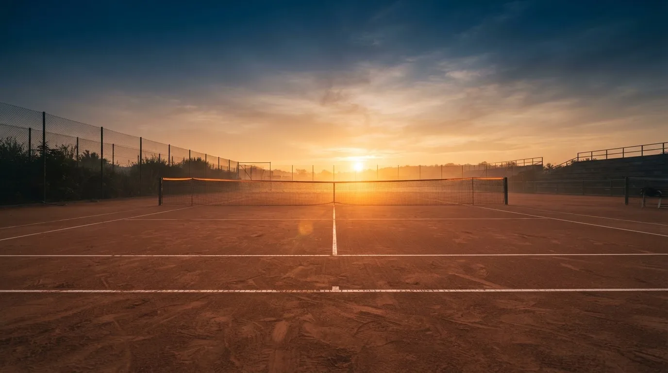 Ein Tennisplatz aus Sand bei Sonnenaufgang, das Netz im Gegenlicht, kein Mensch zu sehen.