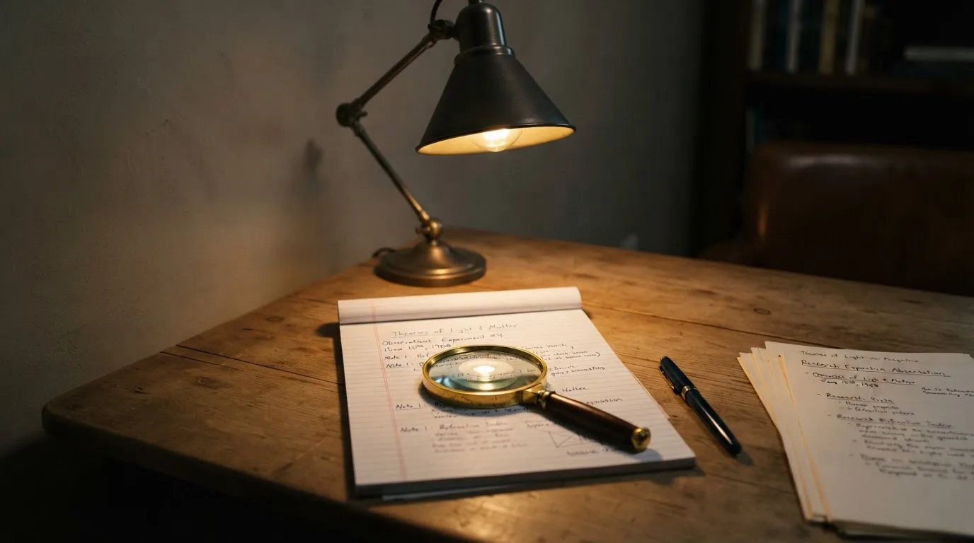Ein Schreibtisch mit Lupe und leerem Block unter einer Lampe in einem ruhigen Raum.