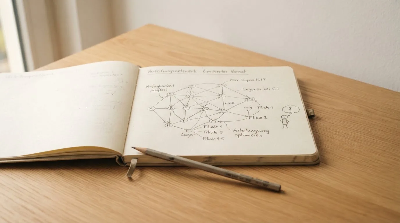 Ein Notizbuch mit handgezeichneten Knoten und Linien liegt neben einem Bleistift auf einem Schreibtisch.