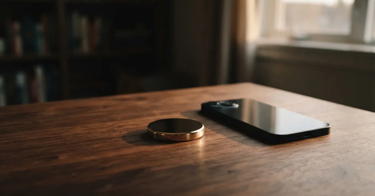 Eine einzelne goldfarbene Münze ohne Prägung liegt auf einem dunklen Tisch, daneben ein ausgeschaltetes Smartphone.