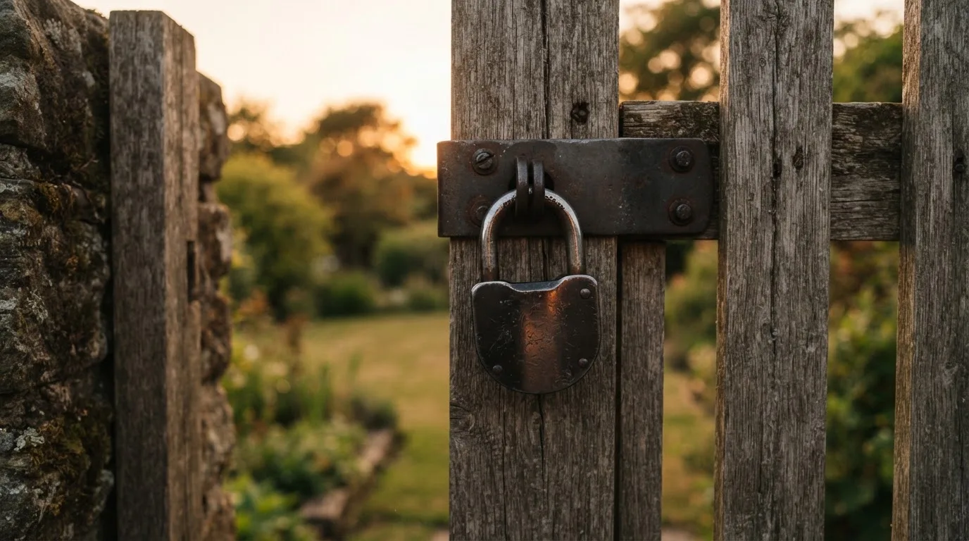 Ein Vorhängeschloss hängt an einem Holztor, dahinter unscharf ein Garten im Abendlicht.