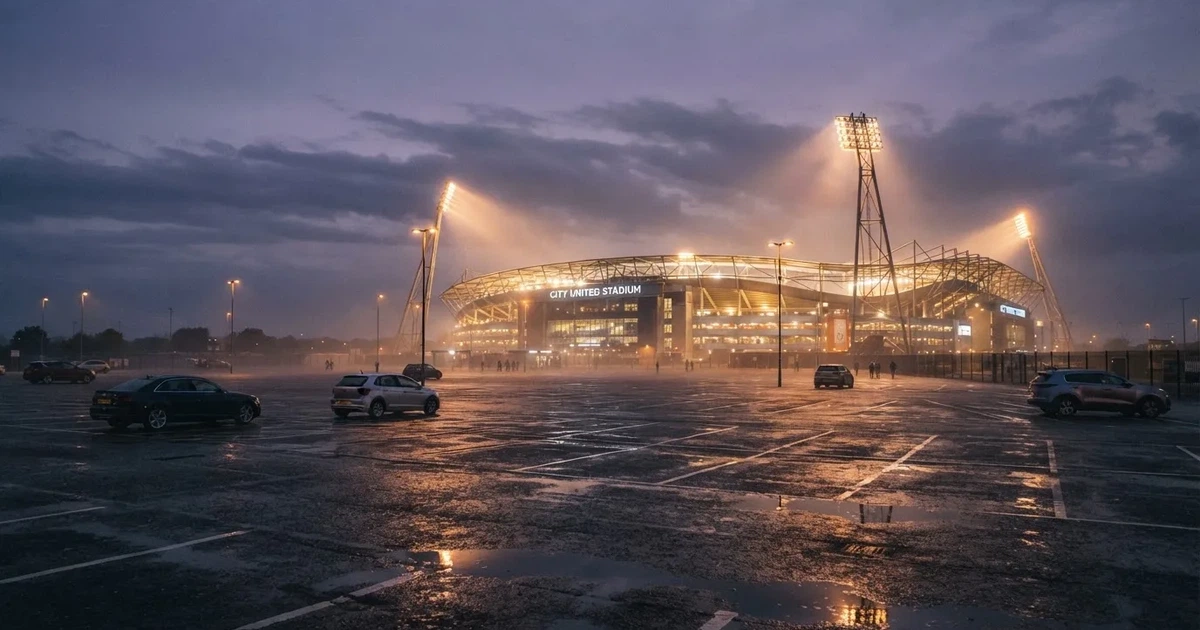 Ein Stadion unter Flutlicht aus großer Entfernung gesehen, davor ein regennasser Parkplatz in der Dämmerung.
