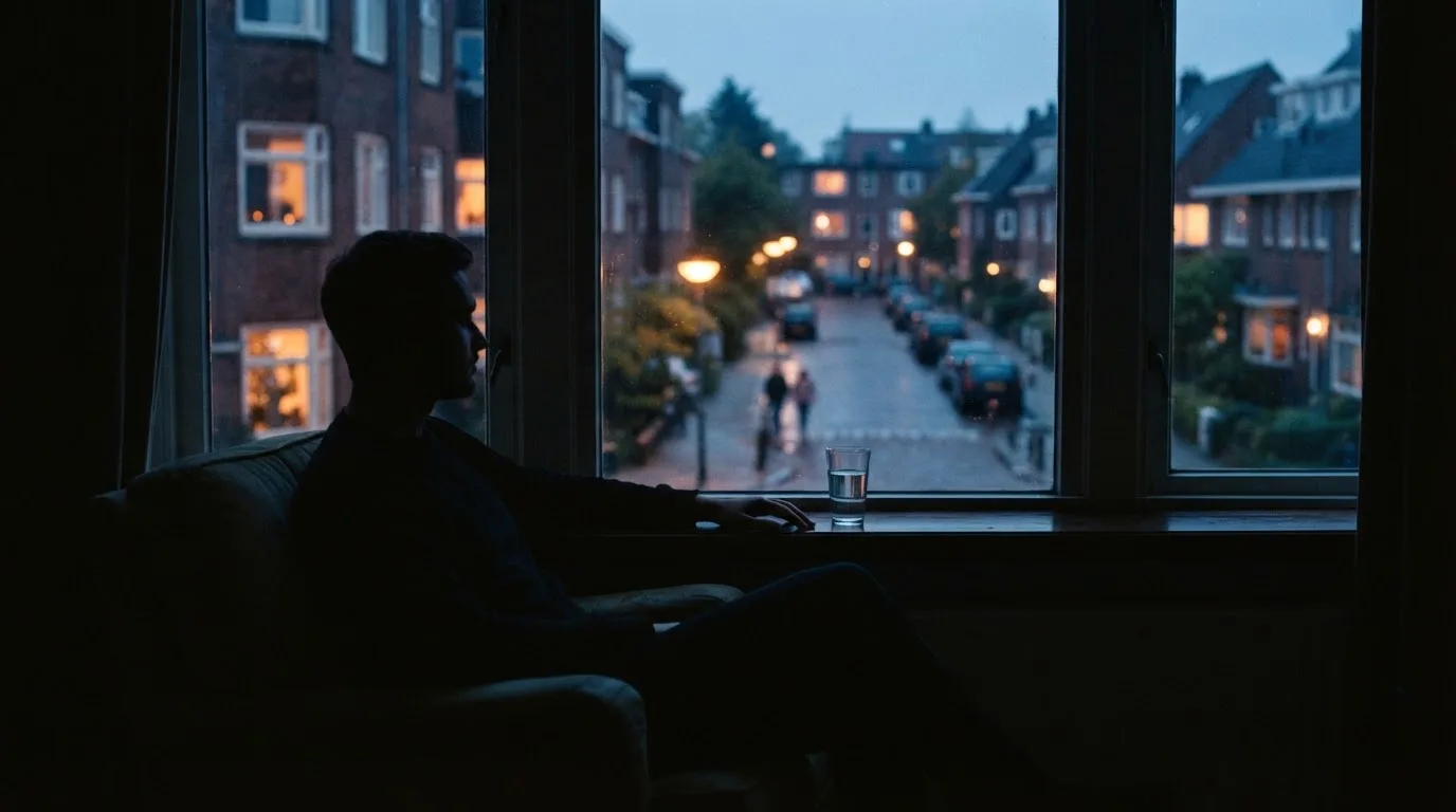 Die Silhouette einer Person sitzt am Abend am Fenster und blickt auf eine Straße, auf dem Fensterbrett steht ein Glas Wasser.
