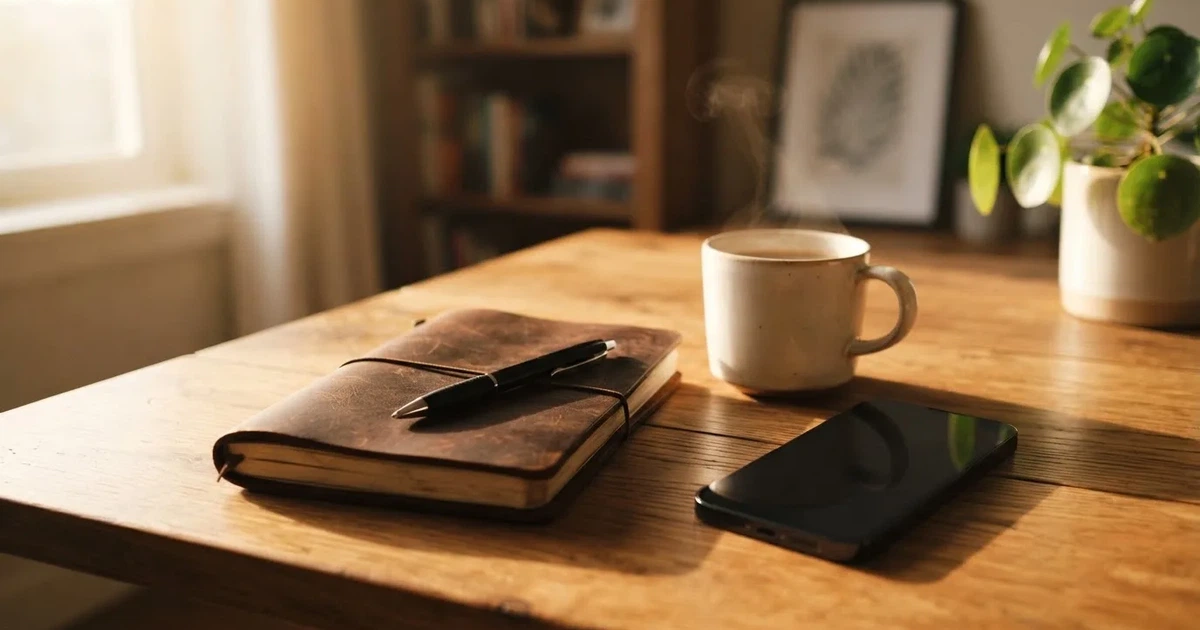 Ein Holzschreibtisch im Morgenlicht mit geschlossenem Notizbuch, Kugelschreiber und Kaffeetasse, daneben ein Smartphone mit dunklem Bildschirm.