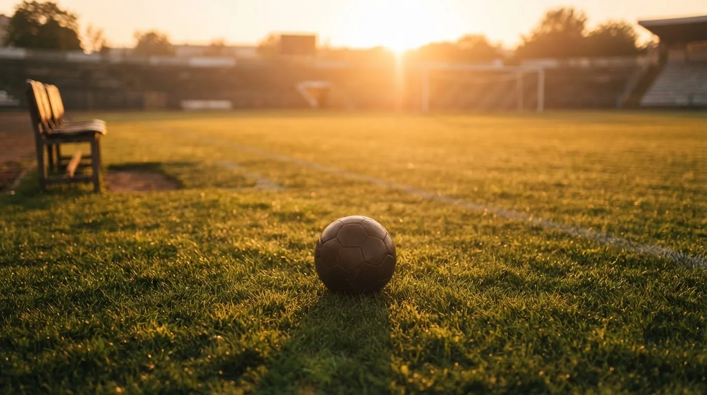 Ein Fußball auf einem Rasenplatz im Gegenlicht der tiefstehenden Sonne, am Spielfeldrand eine leere Ersatzbank.