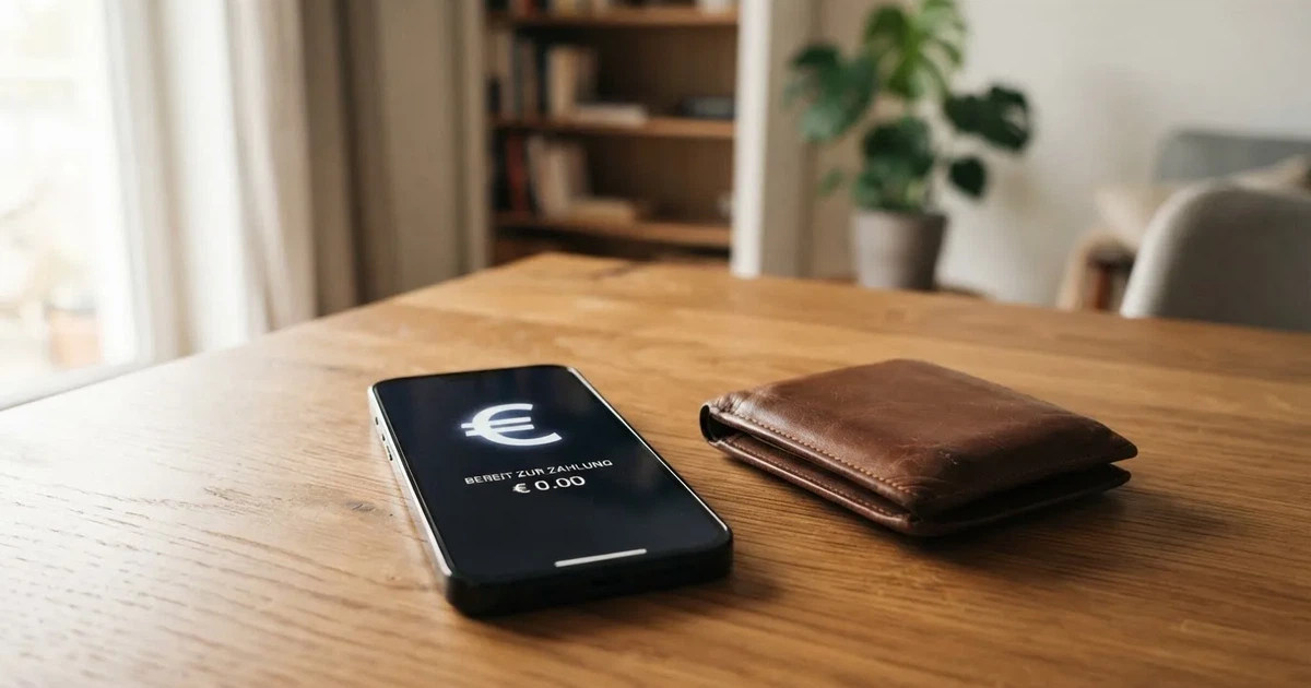 Ein Smartphone mit dunklem Bildschirm liegt neben einer Geldbörse und wenigen Münzen auf einem Holztisch im weichen Fensterlicht.