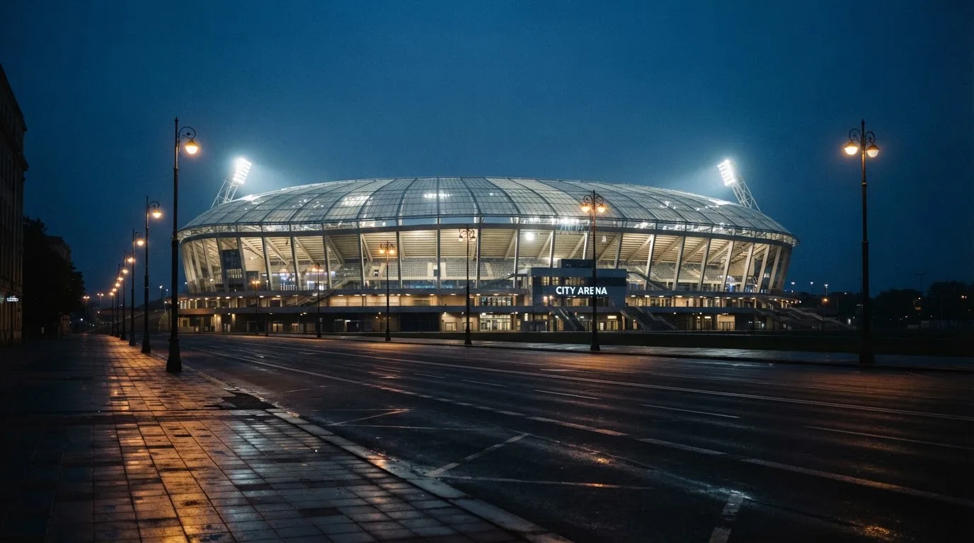 Ein Stadion unter Flutlicht aus der Ferne gesehen, davor eine dunkle Straße mit Laternen und ohne Menschen.