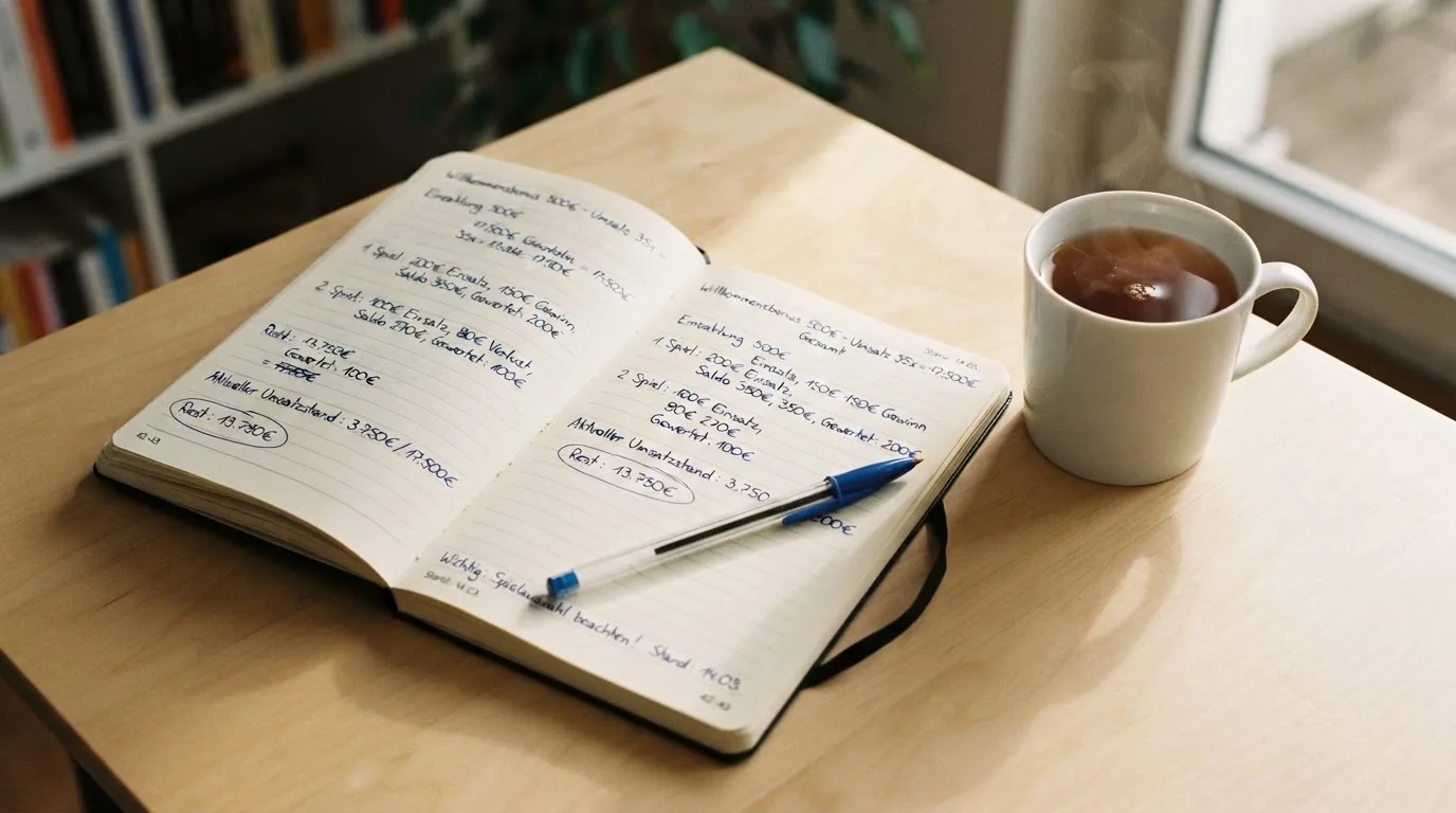 Ein Notizbuch mit handgeschriebenen Rechnungen und ein Taschenrechner auf einem hellen Schreibtisch neben einer Tasse Tee.