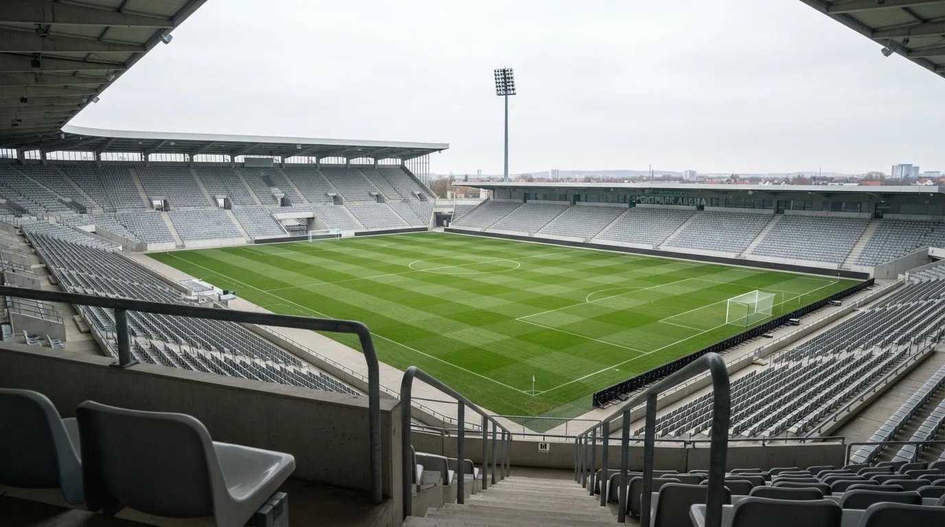 Ein leeres Fußballstadion bei Tageslicht von der Tribüne aus gesehen, der Rasen zeigt gleichmäßige Mähstreifen.
