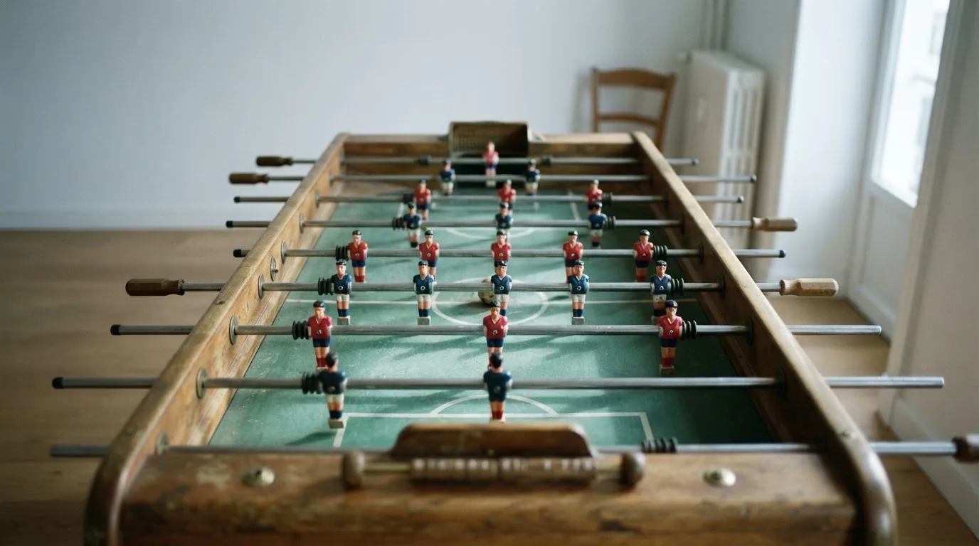 Ein Tischkicker in einem leeren Raum, die Spielfiguren in Reihe, Tageslicht fällt durch ein großes Fenster.