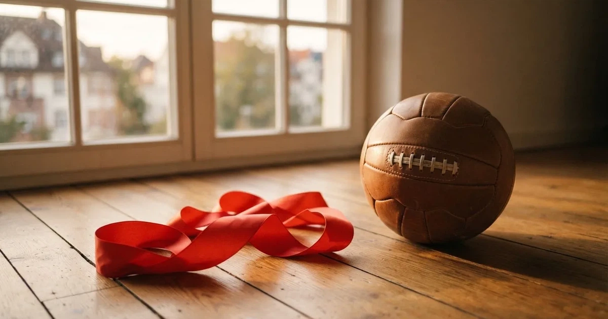 Ein Geschenkband liegt neben einem Fußball auf einem Holzboden, gedämpftes Licht fällt von einem Fenster herein.