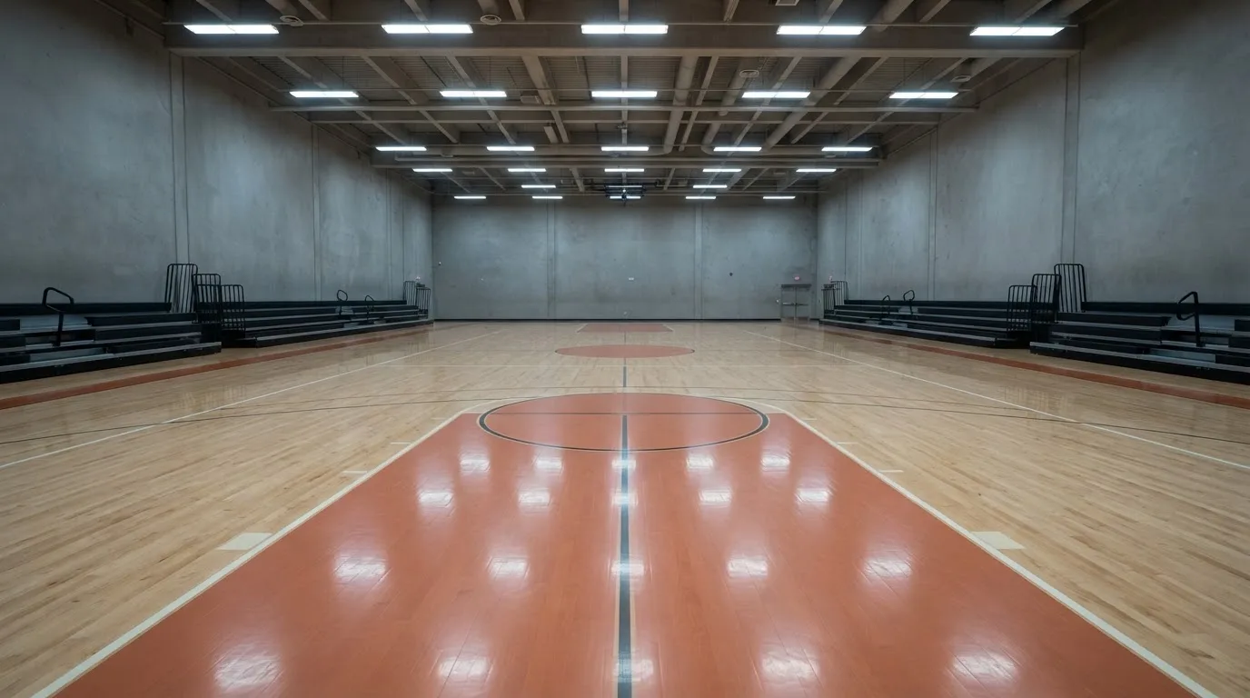 Ein Basketballfeld in einer leeren Halle, das Parkett spiegelt das Licht der Deckenlampen.