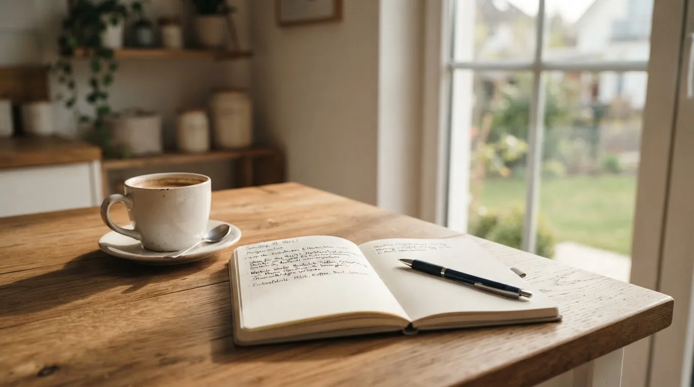 Eine Tasse Kaffee, ein Kugelschreiber und ein aufgeschlagenes leeres Notizbuch auf einem Küchentisch am Fenster.