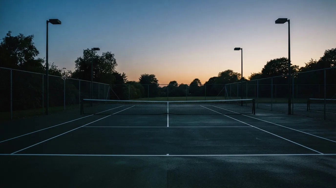 Ein Tennisplatz in der Dämmerung, Netz und Linien im Zwielicht, ohne Menschen und mit ruhigem Himmel.