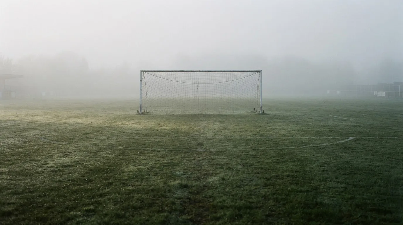 Ein Fußballtor mit Netz im Morgennebel auf einem leeren Platz, die Linien nur schwach zu erkennen.