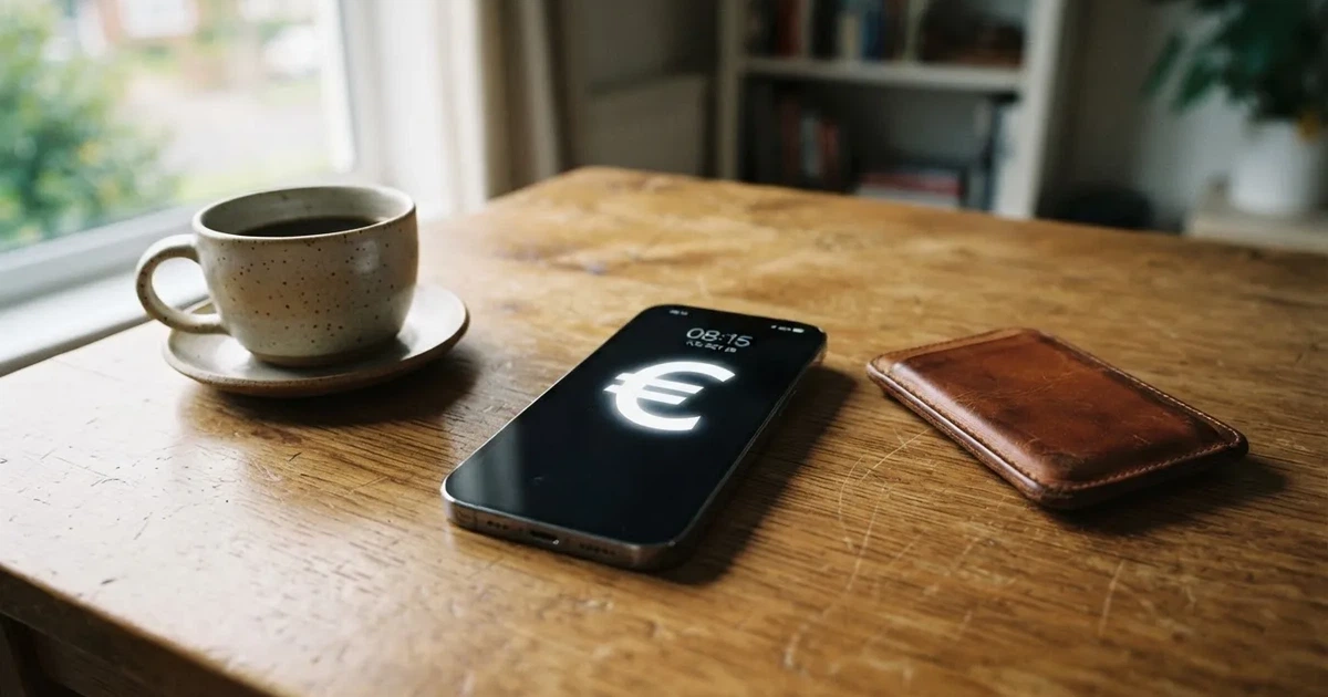 Ein Smartphone mit dunklem Bildschirm liegt auf einem Holztisch neben einem Portemonnaie und einer Kaffeetasse im Fensterlicht.