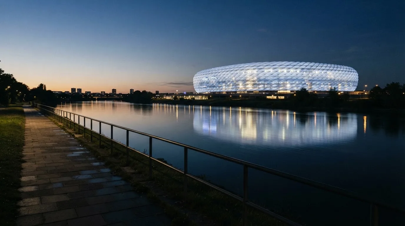 Ein Stadion unter Flutlicht aus der Ferne gesehen, im Vordergrund ein ruhiger Fluss und ein Fußweg.