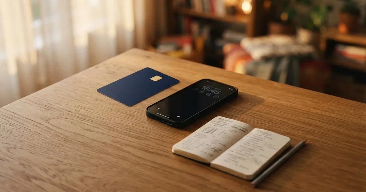 Eine Plastikkarte ohne Aufdruck liegt auf einem Holztisch neben einem Smartphone mit dunklem Bildschirm und einem Notizbuch.