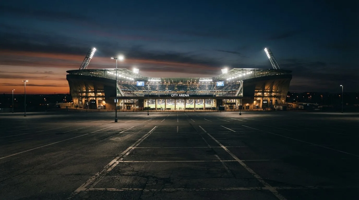 Ein Stadion unter Flutlicht aus der Ferne gesehen, davor ein leerer Parkplatz in der Dämmerung.