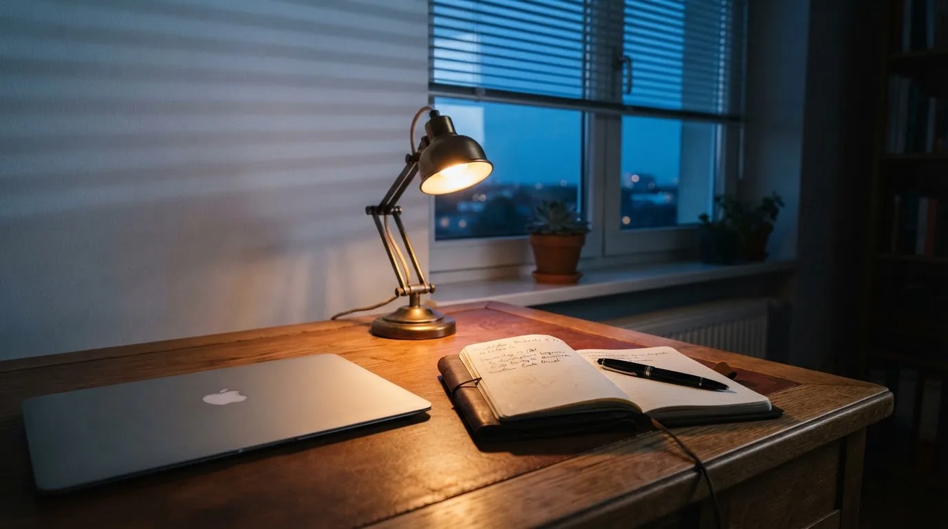 Ein Schreibtisch mit Lampe und geschlossenem Laptop in einem ruhigen Büro bei Abendlicht.