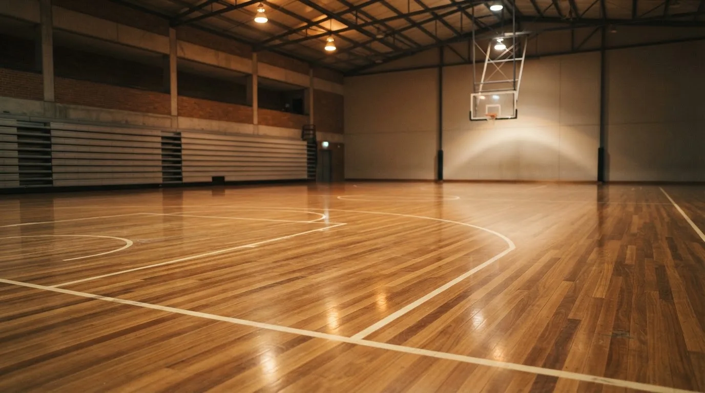 Ein Basketballfeld in einer leeren Halle, das Parkett spiegelt das Deckenlicht.