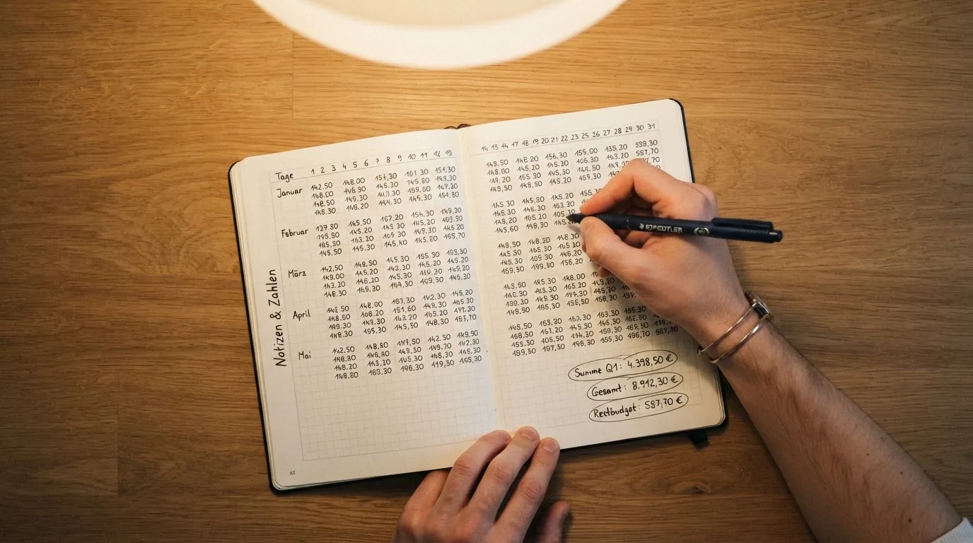Ein Taschenrechner und ein Notizbuch mit handschriftlichen Zahlenreihen auf einem Schreibtisch neben einem Kugelschreiber.