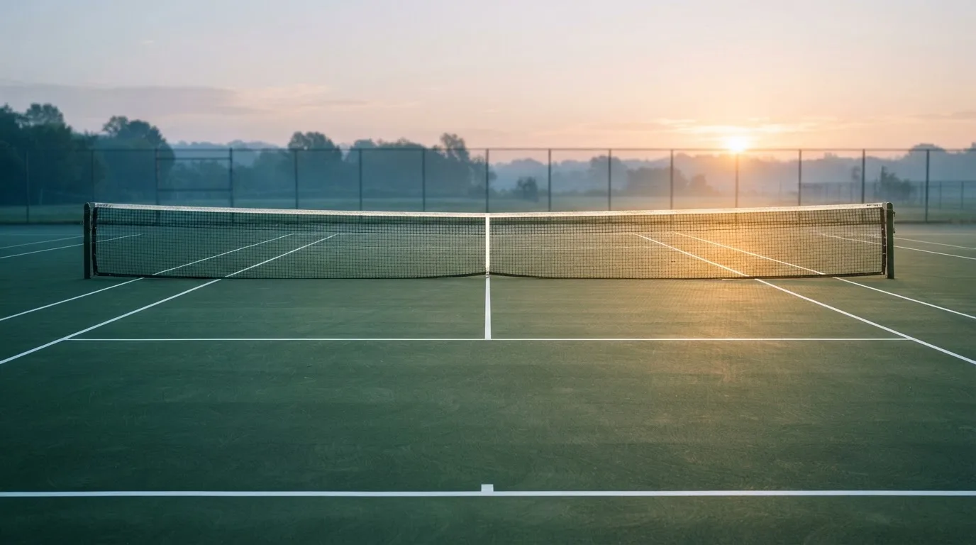 Ein Tennisplatz bei Sonnenaufgang, Netz und Linien im Streiflicht, ohne Menschen.