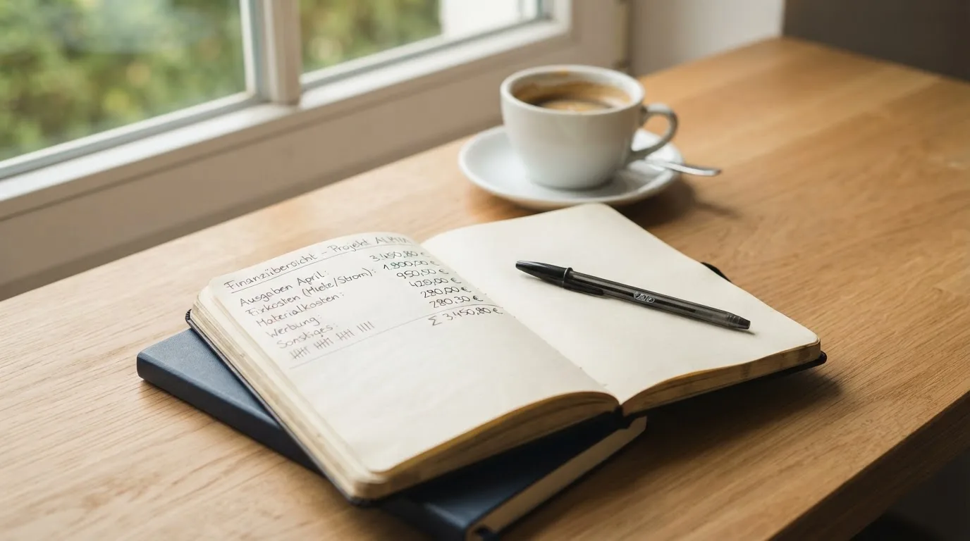 Ein aufgeschlagenes leeres Notizbuch mit Kugelschreiber neben einer Tasse Kaffee auf einem Tisch am Fenster.