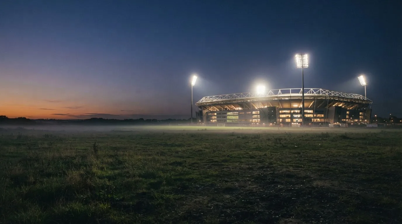 Ein Stadion unter Flutlicht aus der Ferne gesehen, im Vordergrund ein leeres Feld in der Dämmerung.