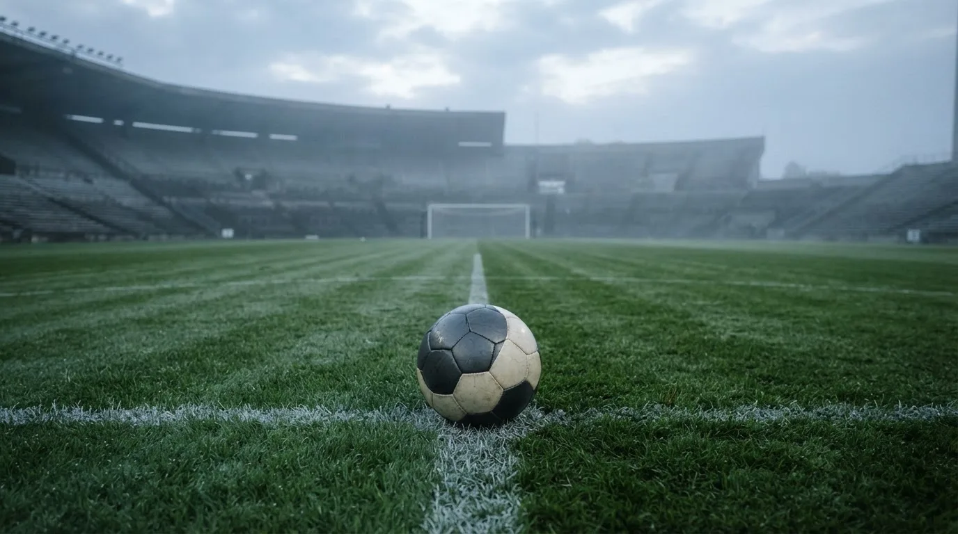 Ein Fußball liegt auf dem Anstoßpunkt eines leeren Rasenplatzes, im Hintergrund hängt Morgendunst über den Tribünen.