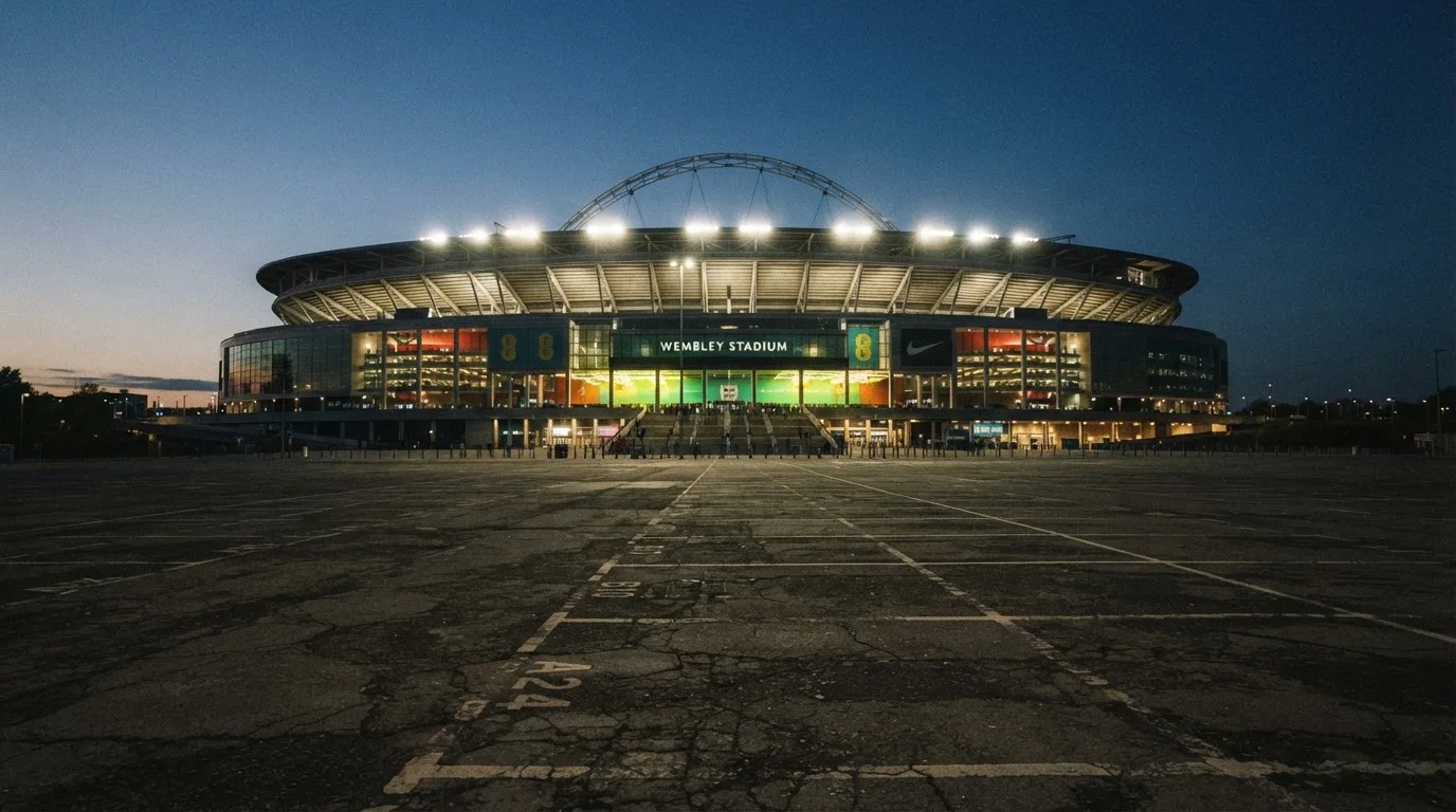 Ein Fußballstadion unter Flutlicht, aus großer Entfernung bei Einbruch der Dunkelheit gesehen, davor ein leerer Parkplatz.