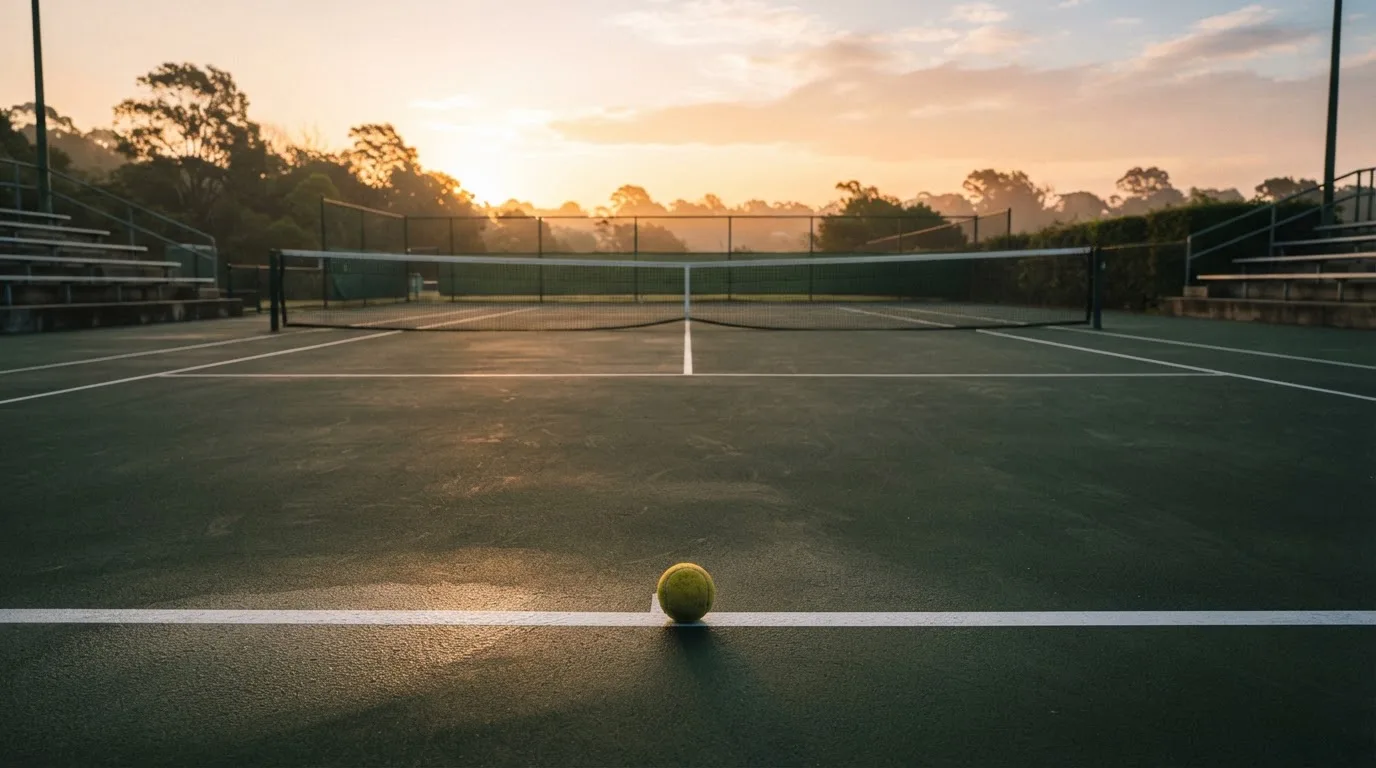 Ein Tennisplatz bei Sonnenaufgang, die Linien noch taufeucht, ein einzelner Ball liegt an der Grundlinie.