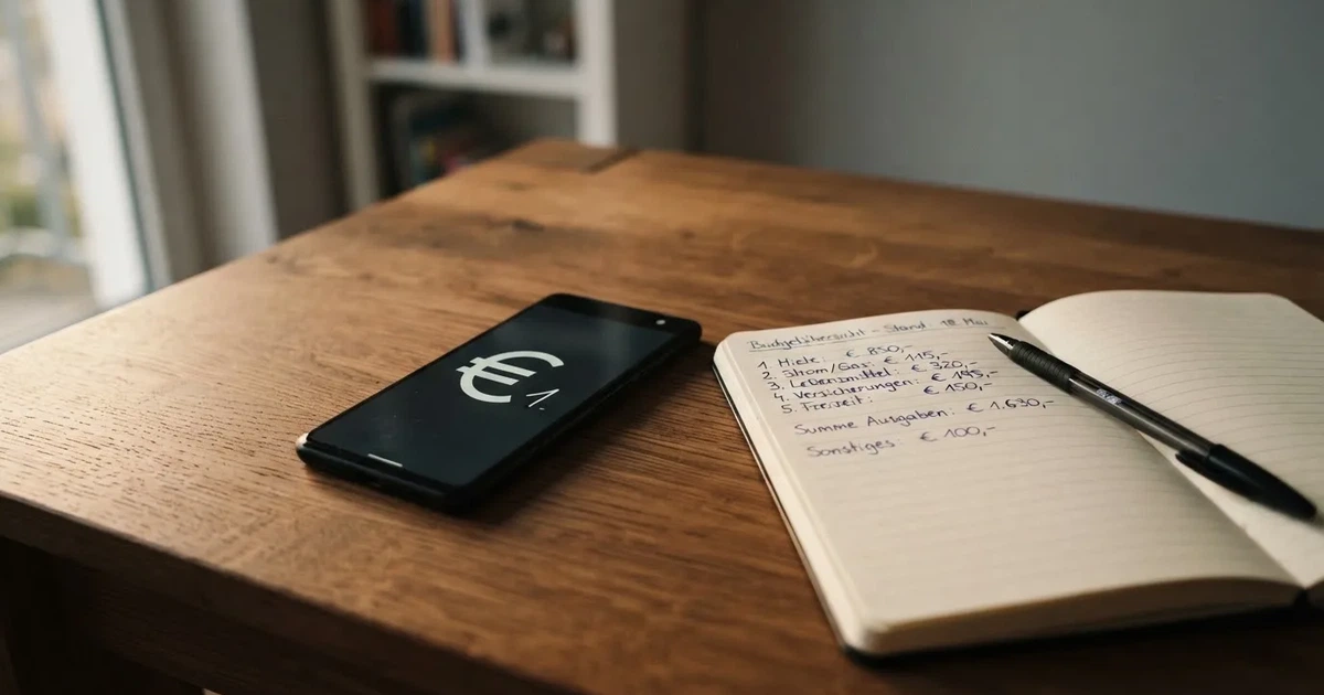 Ein paar Euro-Münzen und ein einzelner Geldschein liegen neben einem aufgeschlagenen Notizbuch mit handschriftlichen Zahlenreihen auf einem Schreibtisch.