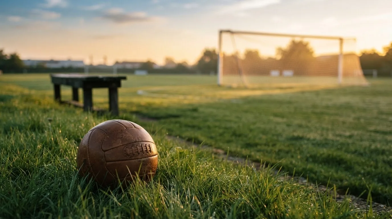 Ein Fußball liegt im Gras am Spielfeldrand, dahinter eine leere Bank und ein Tor im Gegenlicht.