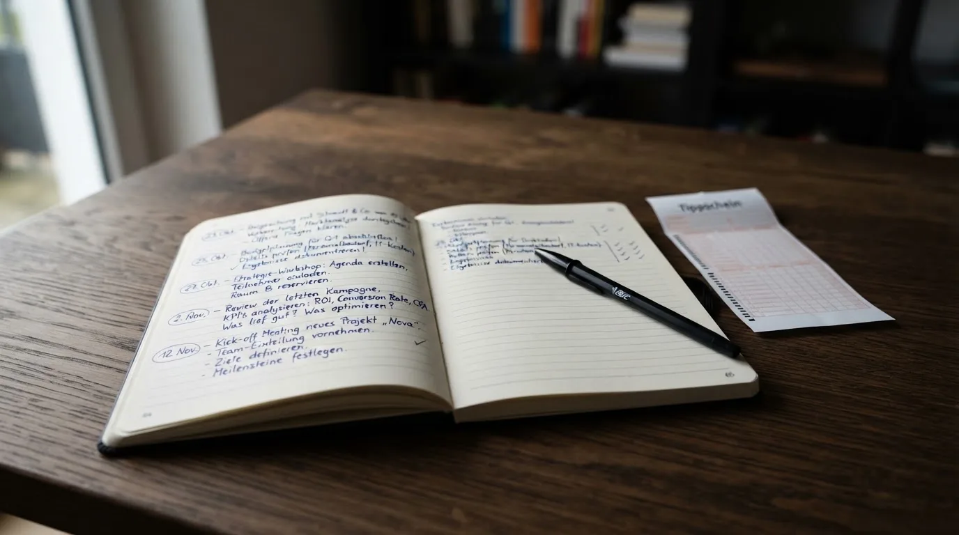 Ein Notizbuch mit handschriftlichen Notizen liegt aufgeschlagen neben einem leeren Papier-Wettschein auf einem Holztisch.